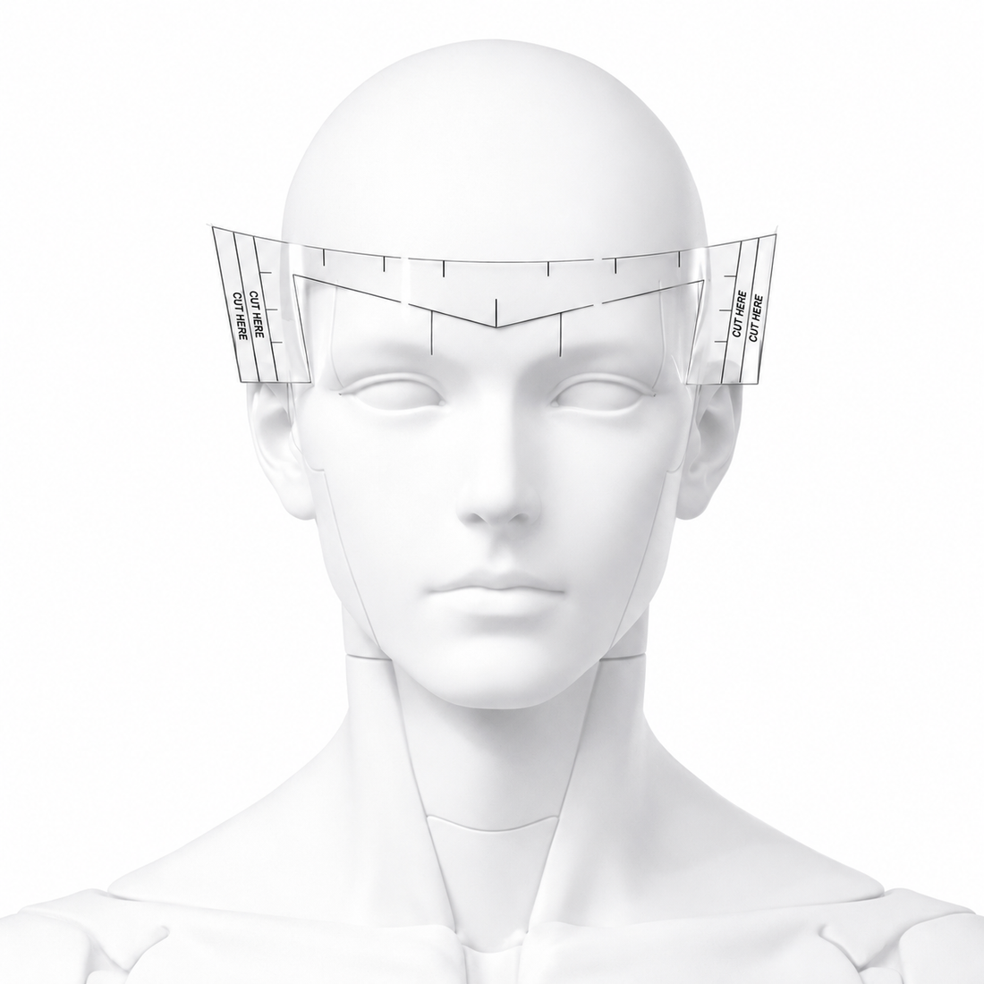 Hairline mapping stencil positioned on a mannequin to show placement