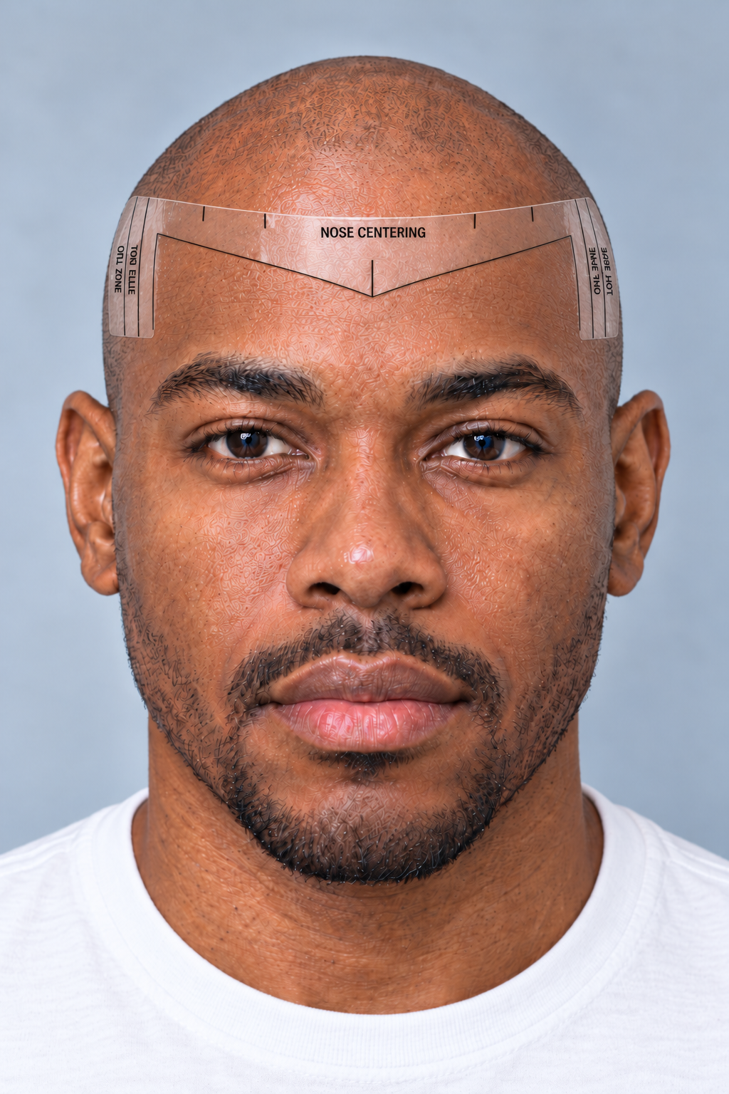 Illustrative model wearing a white T-shirt with the hairline mapping tool applied