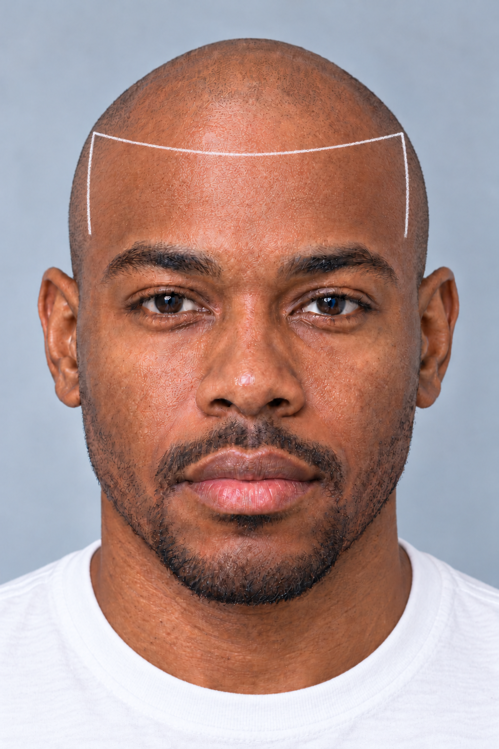 Same illustrative model in a white T-shirt after removing the stencil, showing only the upper-edge and temple pencil outline