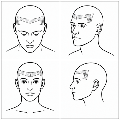 Four boxed views of bald models, including a woman, wearing the clear hairline mapping stencil