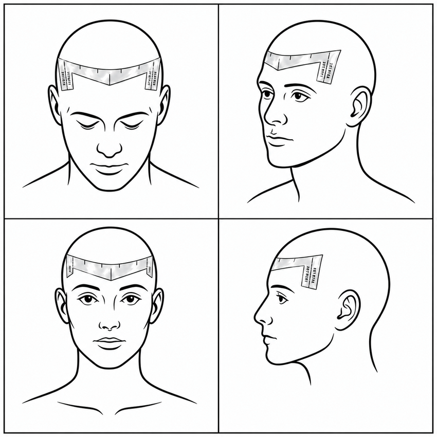 Illustrated views showing the hairline mapping tool on the forehead